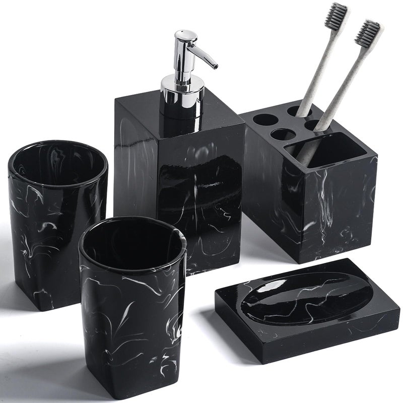 Jung Ford 5-Piece Bathroom Counter Top Accessory Set - Dispenser for Liquid Soap or Lotion, Soap Dish, Toothbrush Holder and 2 Tumblers, Marble Pattern Resin (Ink Black) - Image 1